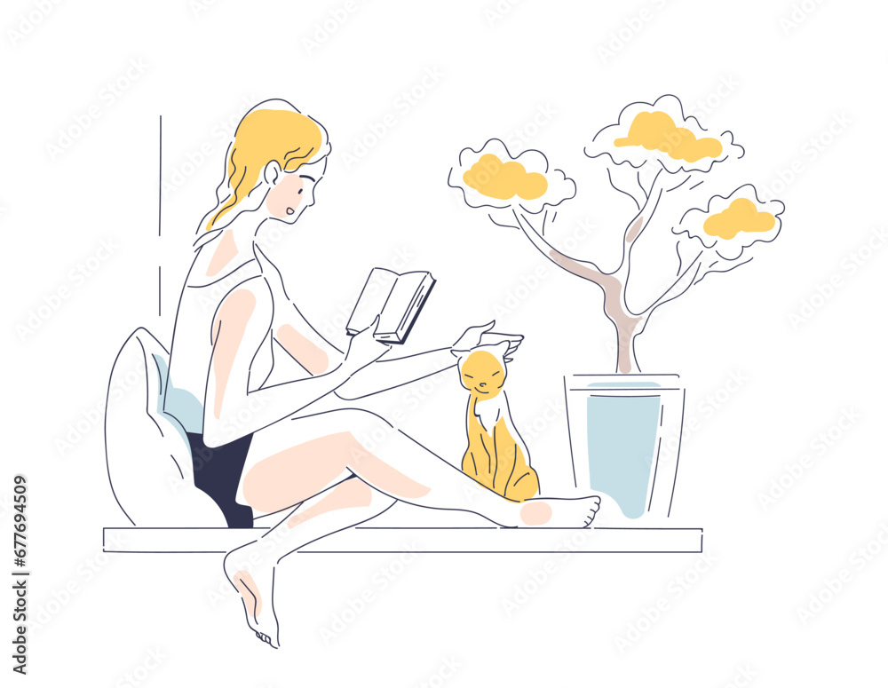 Person with book doodle concept. Woman at window with textbook or fiction. Useful hobby, love for literature. Comfort and coziness. Cartoon flat vector illustration isolated on white background
