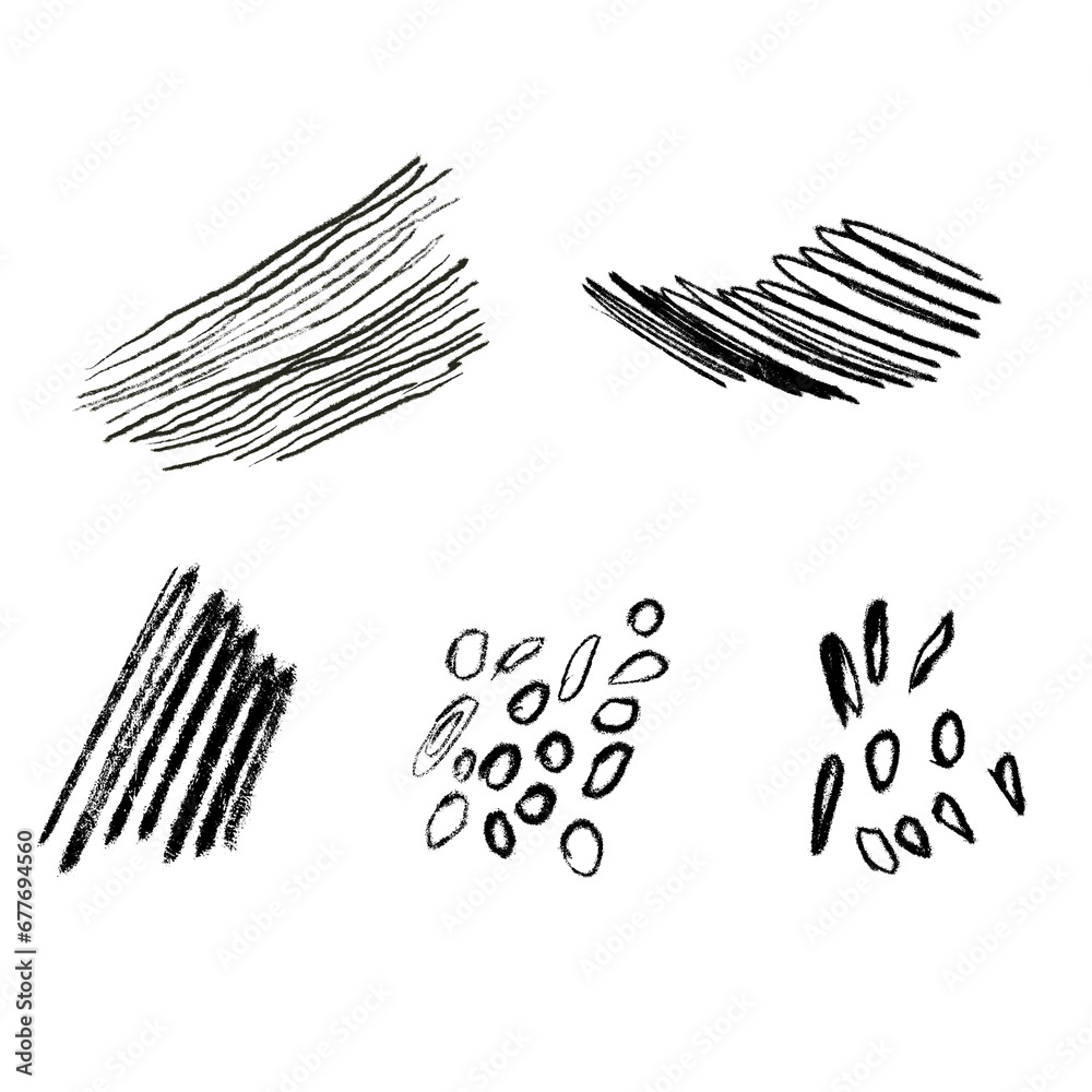 Graphics strips. Abstract elements of black graphics are highlighted on a white background. Hatching by hand with ink. Doodle illustration