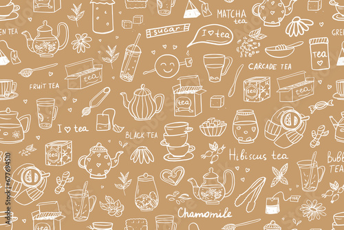Seamless pattern of hand drawn tea theme elements in doodle style. I love tea, tea time. Cute vector illustration EPS10. Isolated on beige background