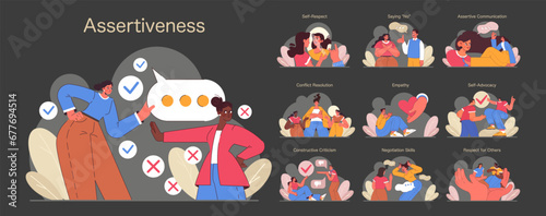Assertiveness set. Characters display self-respect, conflict resolution, and empathy in interactions. Effective communication skills and respect in various scenarios. Flat vector illustration