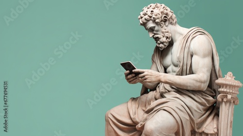 Ancient old Greek God statue, man using smartphone on pastel background
