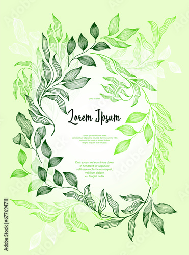 Bay leaves frame vector greeting card template. Rustic card design with laure...
