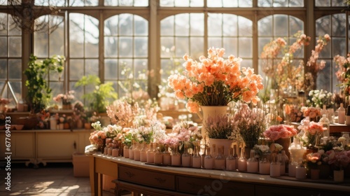Interior design of the florist shop and garden greenhouse background. © Virtual Art Studio