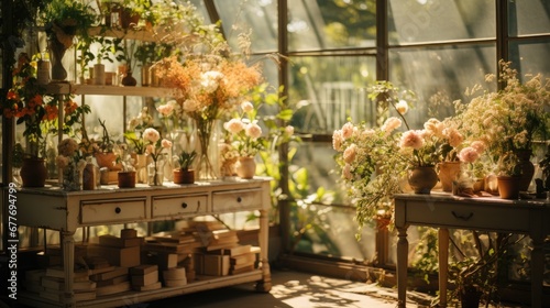 Interior design of the florist shop and garden greenhouse background.