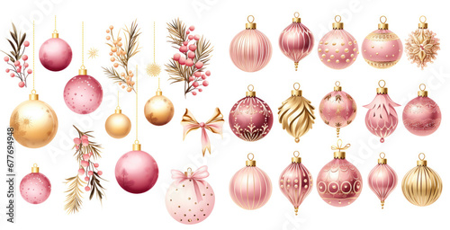 Vintage pink Christmas ornaments watercolor clipart