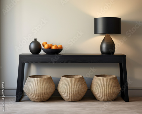 Sophisticated black modern console table with Elegant Lighting and Decor