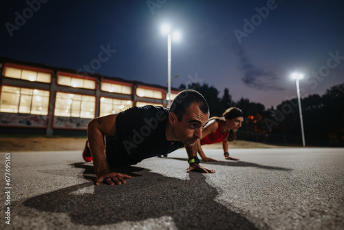 Caucasian couple exercising in park at night. © qunica.com