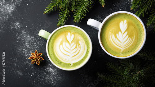 Latte and turmeric lattes in mugs with latte with Christmas decor, top view  photo