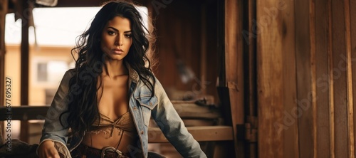 A Sexy Beautiful Badass Latina Cowgirl wearing Lingerwear - Amazing Cowgirl Background - Clothes are in the Raw, Tough and Grunge Style - Latina Cowgirl Wallpaper created with Generative AI Technology photo