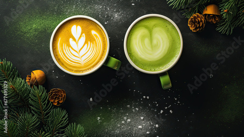 Latte and turmeric lattes in mugs with latte with Christmas decor  top view 
