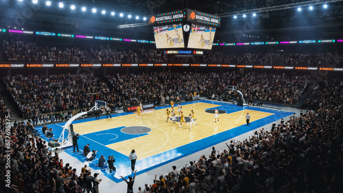 Sold Out Arena with Spectators Watching National Basketball Tournament Match. Teams Play, Diverse Crowds of Fans Cheer. Sports Channel Live Television Broadcast. Establishing High Wide Angle Footage