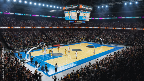 Sold Out Arena with Spectators Watching National Basketball Tournament Match. Teams Play, Diverse Crowds of Fans Cheer. Sports Channel Live Television Broadcast. Establishing Wide High Angle Footage © Gorodenkoff