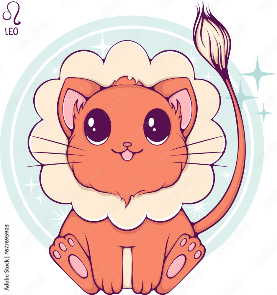 Leo cute cartoon astrology sign of the zodiac cat. Pet character in kawaii style. Vector illustrations in hand drawn flat style on round background. Funny cat horoscope Leo cute cartoon astrology sign of the zodiac cat. Pet character in kawaii style. Vector illustrations in hand drawn flat style on round background. Funny cat horoscope