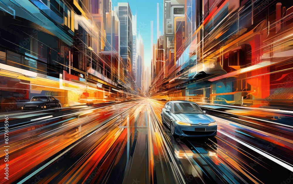A colorful motion speed background at the futuristic city.