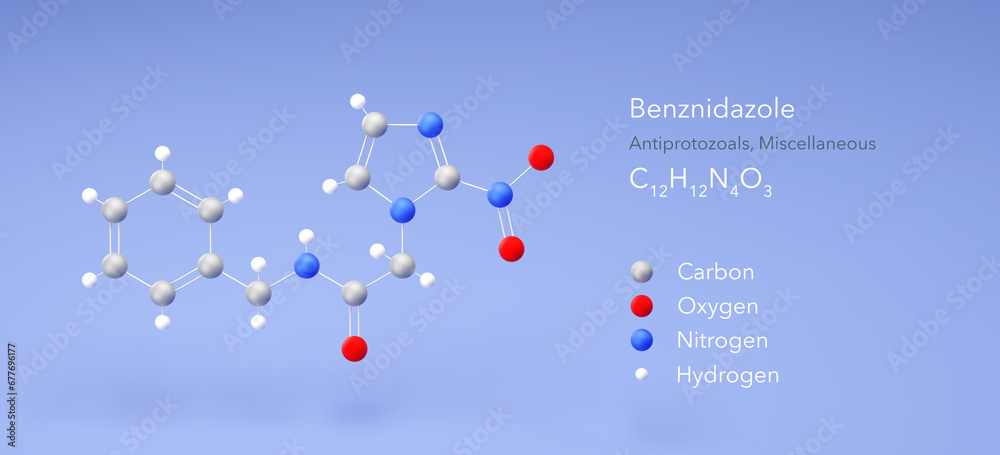 benznidazole molecule, molecular structures, antiparasitic medication, 3d model, Structural Chemical Formula and Atoms with Color Coding benznidazole molecule, molecular structures, antiparasitic medication, 3d model, Structural Chemical Formula and Atoms with Color Coding