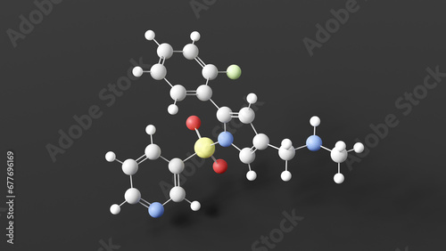 vonoprazan molecular structure, potassium-competitive acid blocker, ball and stick 3d model, structural chemical formula with colored atoms