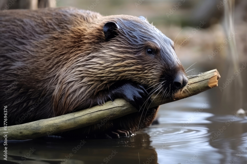 Beaver gnaws on a branch Beaver gnaws on a branch