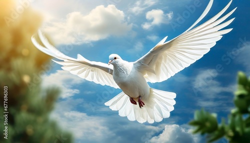 Graceful Soar  Majestic White Dove in Azure Skies  a Symbol of Peace and the Holy Spirit