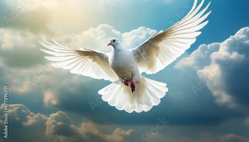 Graceful Soar  Majestic White Dove in Azure Skies  a Symbol of Peace and the Holy Spirit