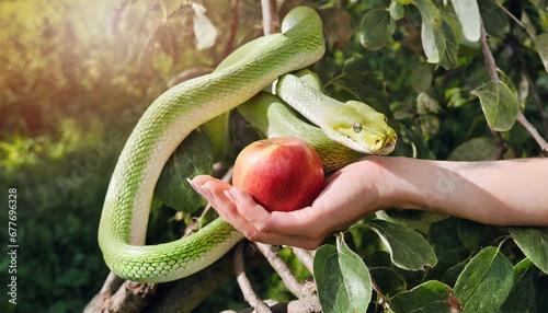 Eve holding apple in her hand tempted by snake. The woman holds an apple tempted by snake. Paradise. 