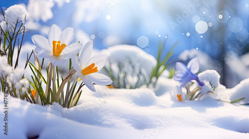 spring crocus flowers in the snow 