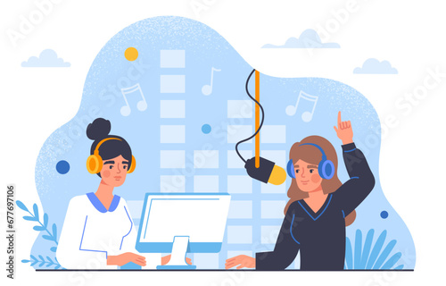 Radio hosts at workplace. Two women sitting with microphone and computer. Hosts of popular programs. Broadcast and podcast recording. Girls create interesting content. Cartoon flat vector illustration