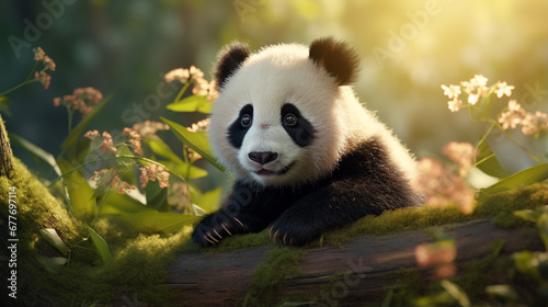 Cute panda with bamboo on tropical forest background. Animals wallpaper. Generative AI © Odin