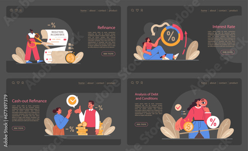 Refinance web or landing dark or night mode set. Loan rate reduction to lender agreement. Debt obligation with better interest rate. Housing loan, real estate mortgage. Flat vector illustration