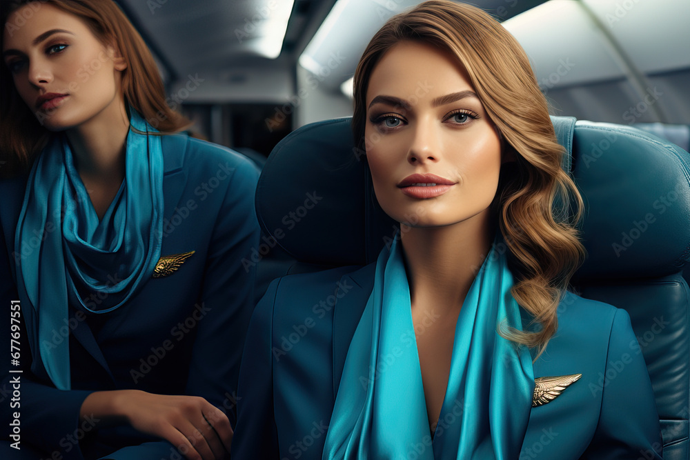 Stewardesses Resting in Empty Aircraft Cabin After Flight Stewardesses Resting in Empty Aircraft Cabin After Flight