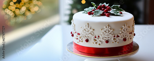 Cake decorated with fondant holly leaves, Christmas tree background, copy space