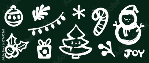 Set of Christmas elements. Snow spray paint vector. Graffiti  grunge elements of winter glove  sock  tree  present  star and cute doodle. Design illustration for decoration  card  sticker  wall decor.