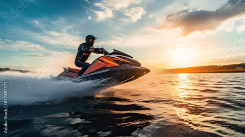 A jet ski on the surface of water a large reservoir, sea or lake. A young man in a wetsuit and helmet rides at high speed on a jetski photo