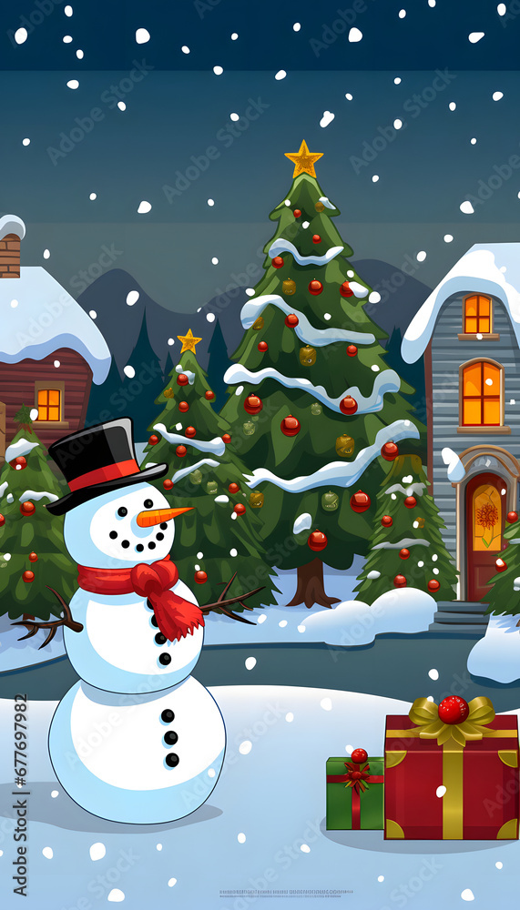 snowman and christmas trees
