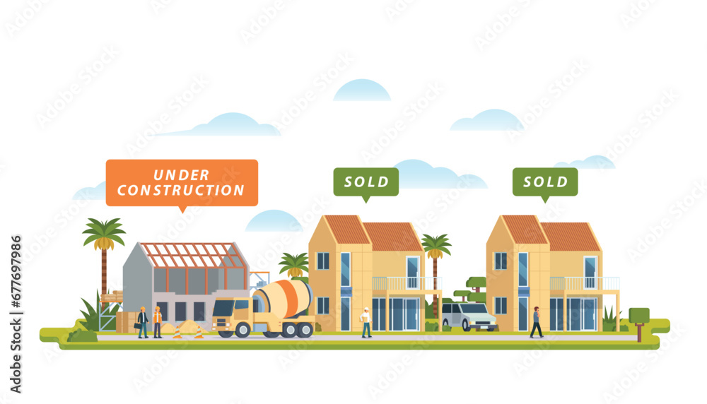 Real estate residential property market business concept with houses. Vector illustration.
