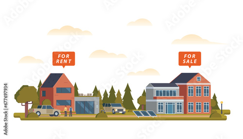 Real estate residential property market business concept with houses. Vector illustration.