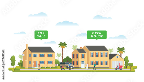 Real estate residential property market business concept with houses. Vector illustration.