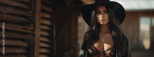 A Sexy Beautiful Badass Latina Cowgirl wearing Lingerwear - Amazing Cowgirl Background - Clothes are in the Raw, Tough and Grunge Style - Latina Cowgirl Wallpaper created with Generative AI Technology