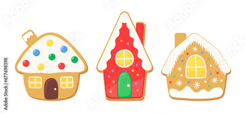 Christmas gingerbread houses. Iced sugar cookies vector illustration set. Cute cartoon gingerbread cookie icons. Biscuit cute house with window and door. Cartoon design elements home holiday cooking.