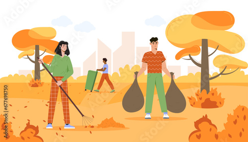 People with seasonal cleaning concept. Man and woman with black bags and rakes. Fall autumn season. Citizens in urban park. Care about ecology and nature. Cartoon flat vector illustration
