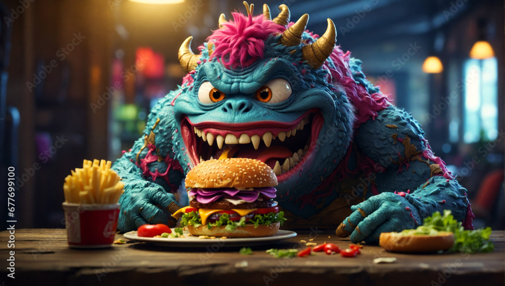 A funny monster eating burger and fries.