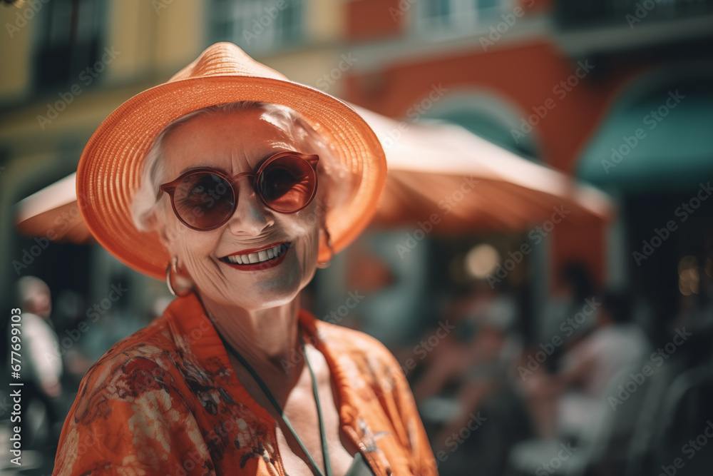 Elderly woman with cheerful smile. Grandmother in glasses. Grandma in fashionable clothes on vacation. Cheerful retired Grandmother in bright clothes. Old woman with face smile. Happy pensioner famale