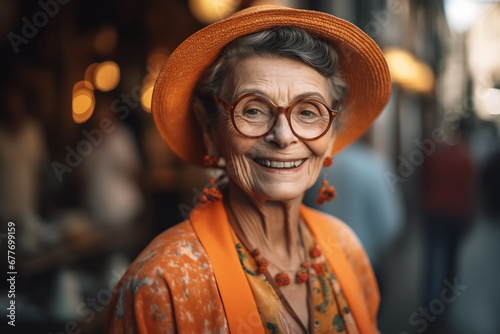 Elderly woman with cheerful smile. Grandmother in glasses. Grandma in fashionable clothes on vacation. Cheerful retired Grandmother in bright clothes. Old woman with face smile. Happy pensioner famale