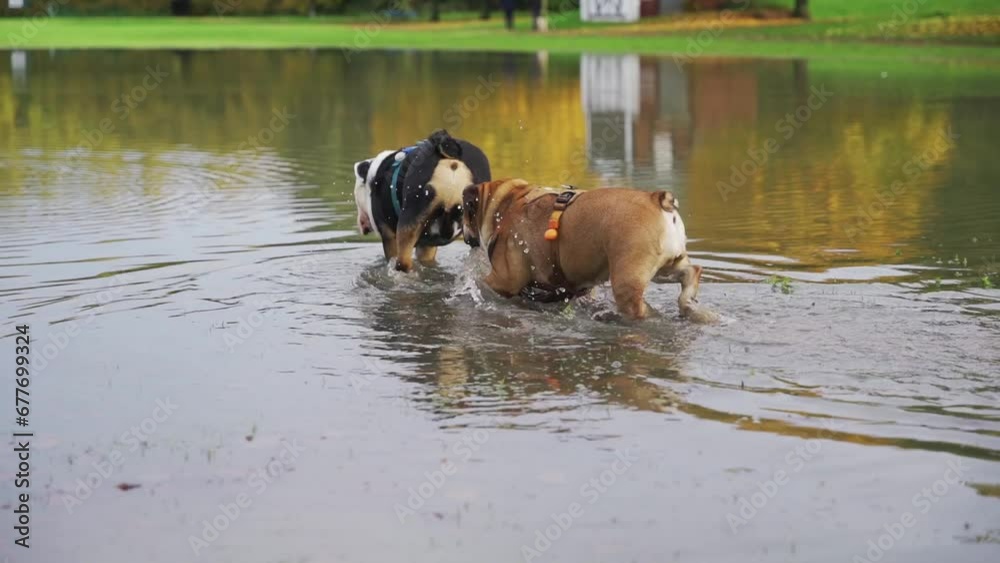 Red English British Bulldog running happily in a muddy puddle Red English British Bulldog running happily in a muddy puddle