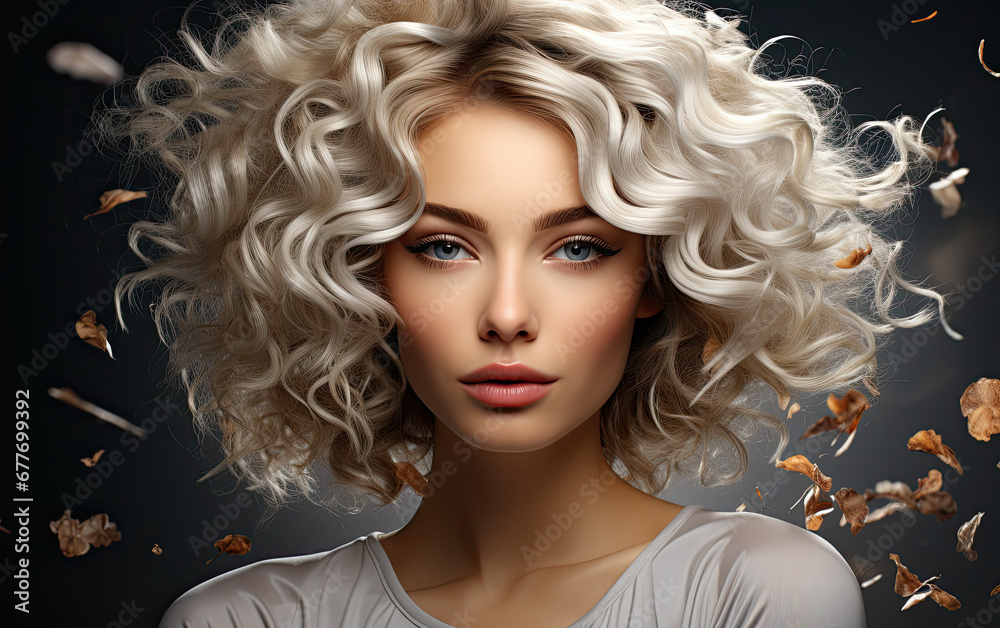 Woman on grey glitter background, Girl with curly lush hair, concept advertising a product. 