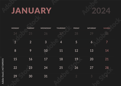 Monthly page Calendar Planner Templates of January 2024. Vector layout of simple calendar with week start Monday for print. Page for size A4 or 21x29.7 cm in dark color