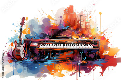 Watercolor Piano Abstract. Music festival, poster background template. Delight, creativity, inspiration. Write, compose music. Role, paint splash. isolated on a Transparent background. Generative AI