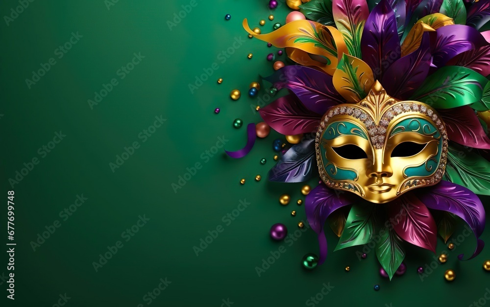 Happy Mardi Gras poster. Mysterious Venetian masquerade mask on green background, copy space at the left. Sequin mask for carnivals. Costume party outfit. Paper mache face covering. AI Generative