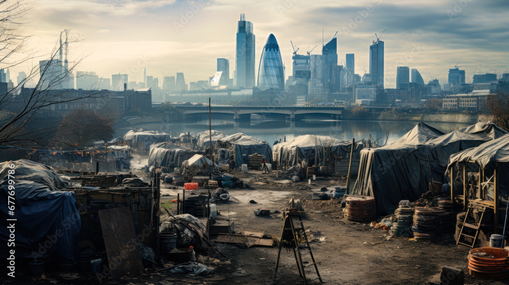 refugee camp shelter for homeless in front of London City Skyline - obrazy, fototapety, plakaty 