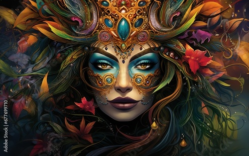 Happy Mardi Gras poster. A woman in a Venetian masquerade mask with feathers. Sequin mask for carnivals. Costume party outfit. Body art style face covering. AI Generative