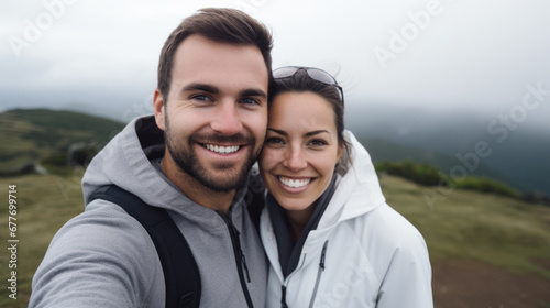 Mountain Top Selfie: Adventurous Couple on on outdoor hike in Nature